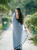 Sky Mist Linen Cotton Saree with Designer Tassel Border