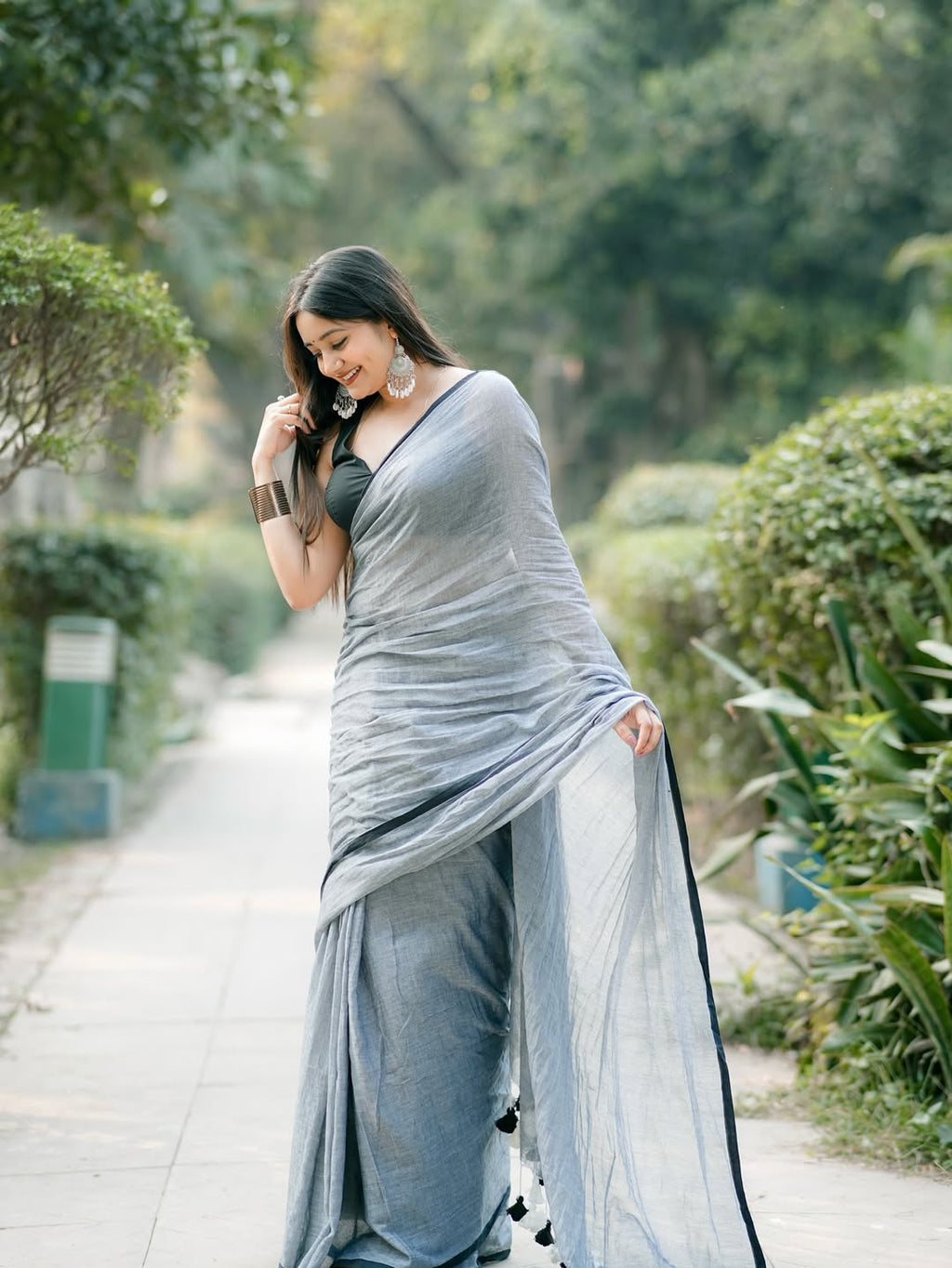 Sky Mist Linen Cotton Saree with Designer Tassel Border