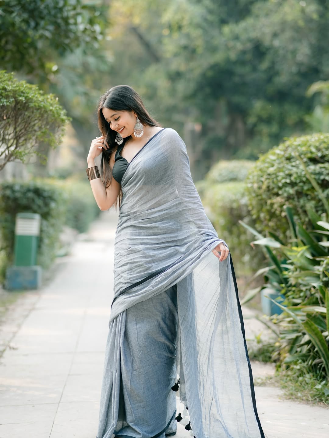Sky Mist Linen Cotton Saree with Designer Tassel Border