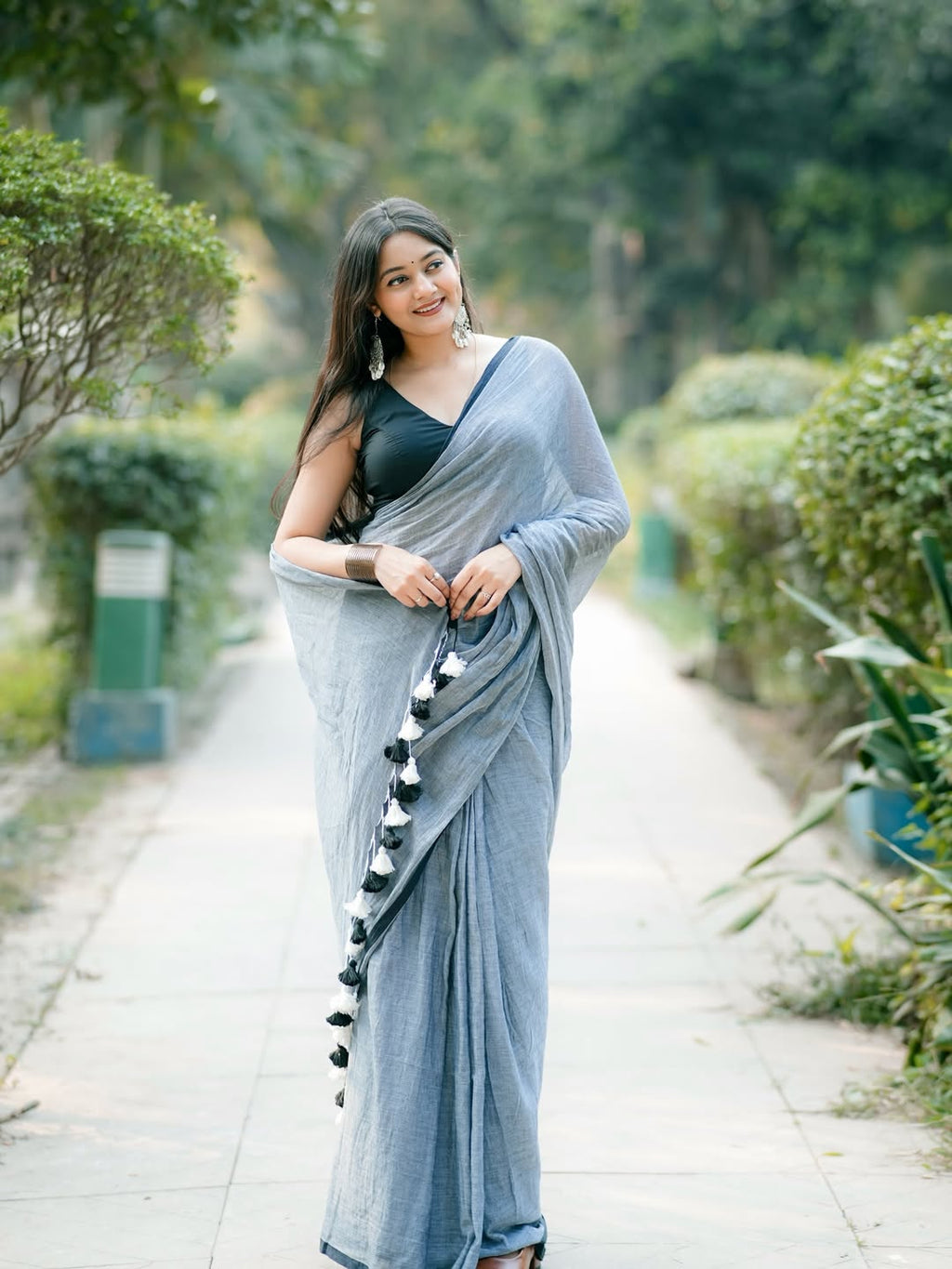 Sky Mist Linen Cotton Saree with Designer Tassel Border