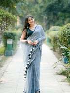 Sky Mist Linen Cotton Saree with Designer Tassel Border