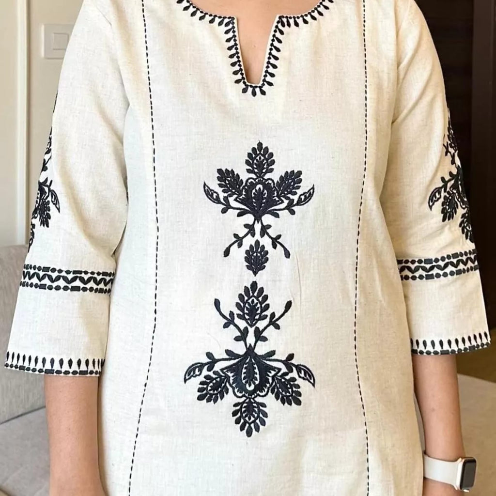 Off White Embroidered South Cotton Kurta and Pant Set