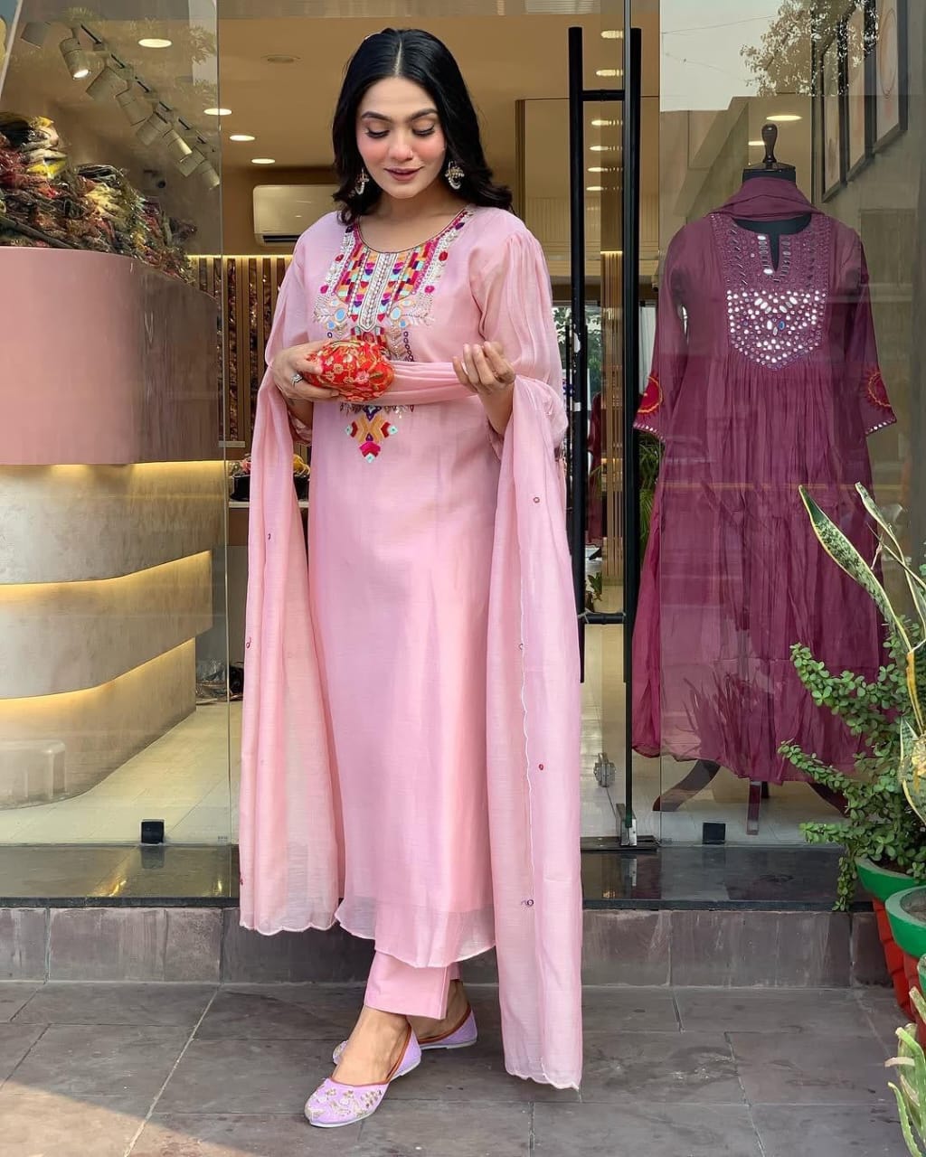 Light Pink Embroidered Chanderi Suit Set with Dupatta