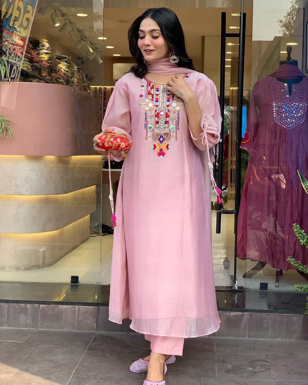 Light Pink Embroidered Chanderi Suit Set with Dupatta