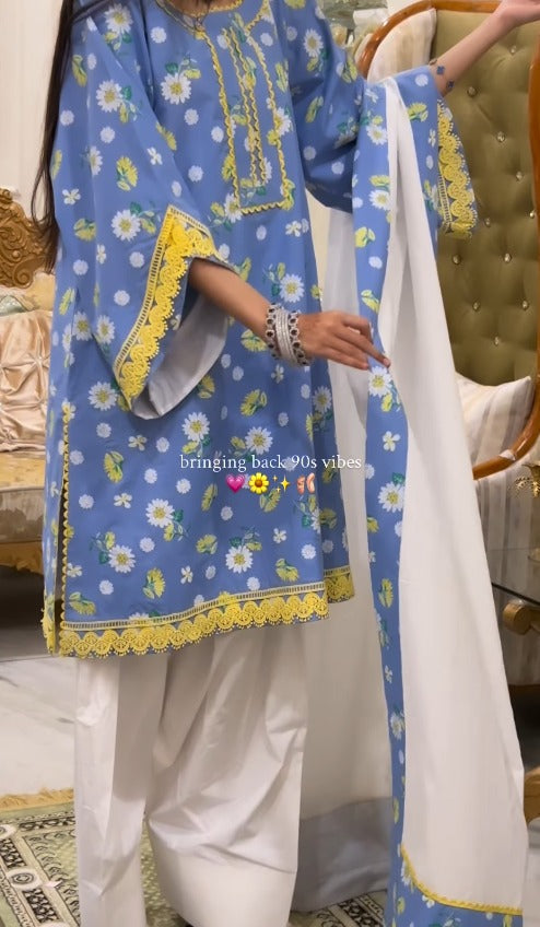 Blue Floral Printed Kurta with White Palazzo Set