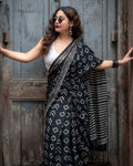 Midnight Black Printed Cotton Pocket Saree