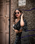 Midnight Black Printed Cotton Pocket Saree