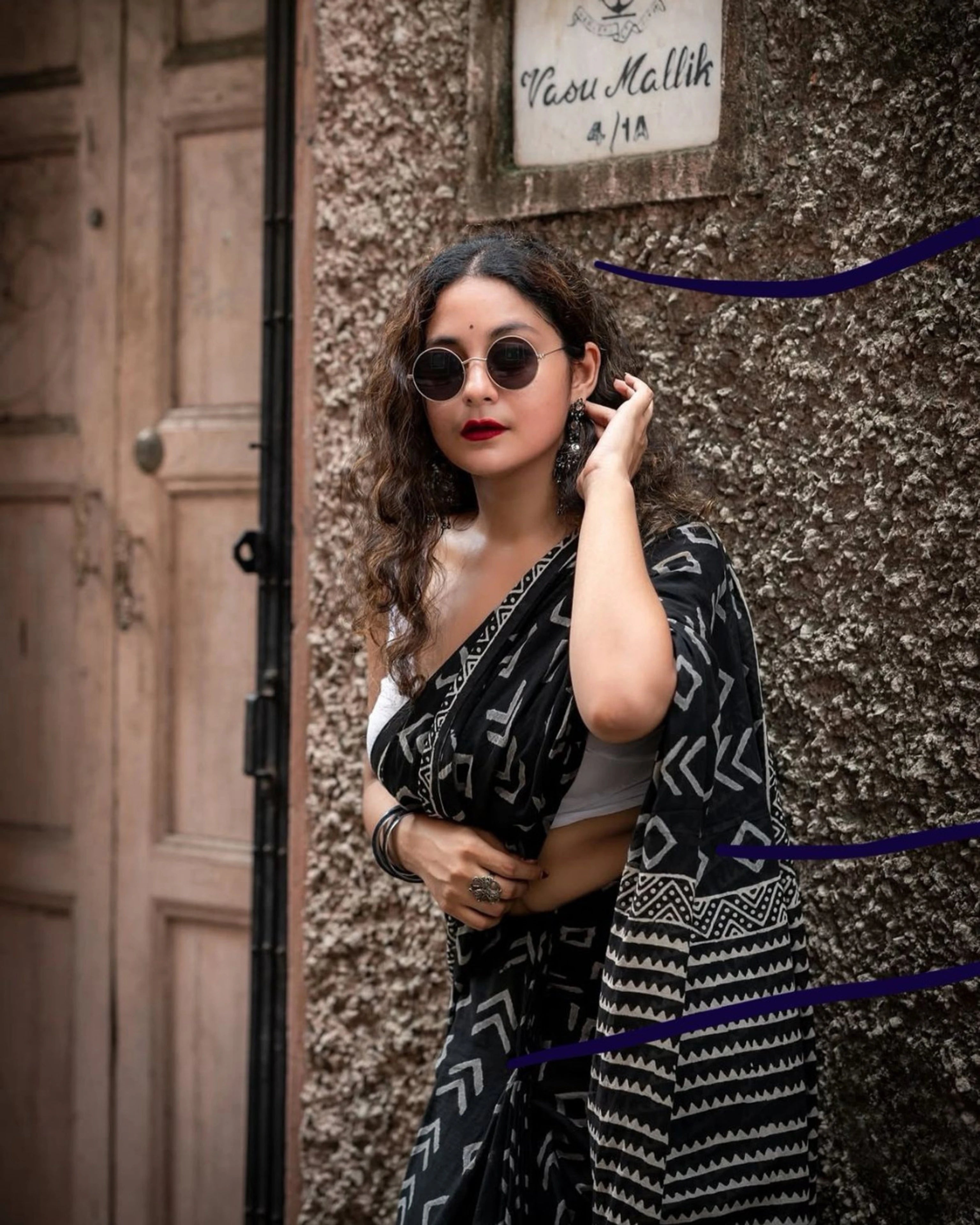 Midnight Black Printed Cotton Pocket Saree