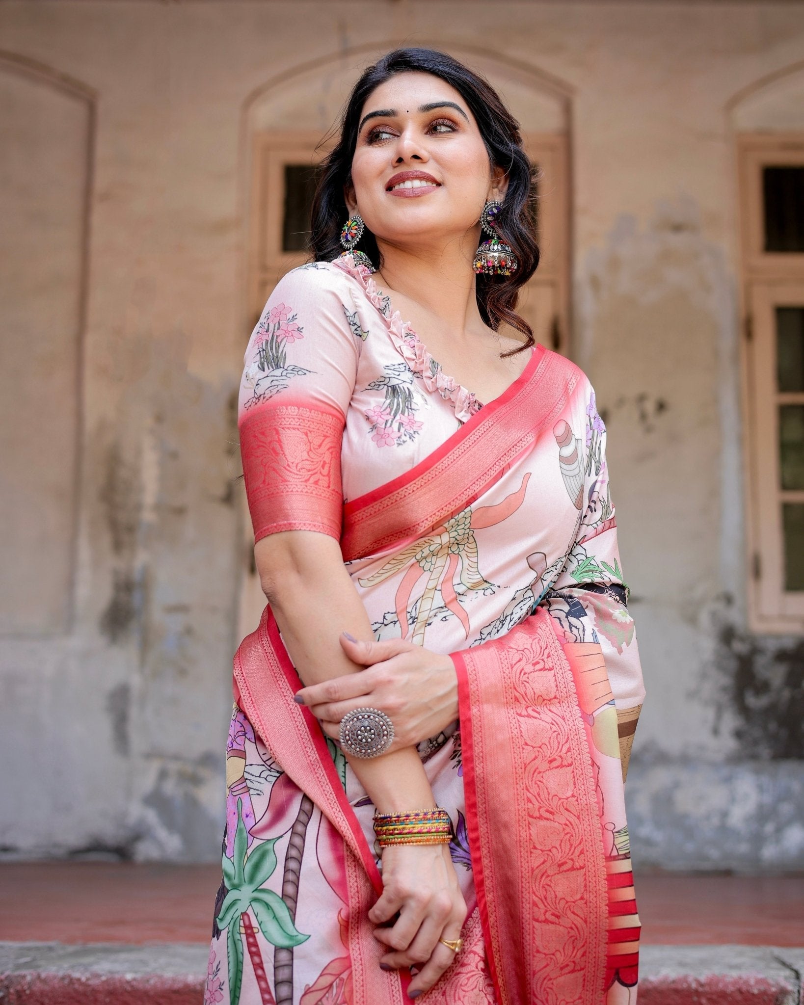 Blush Pink Digital Print Tussar Silk Saree with Vibrant Storyline Art