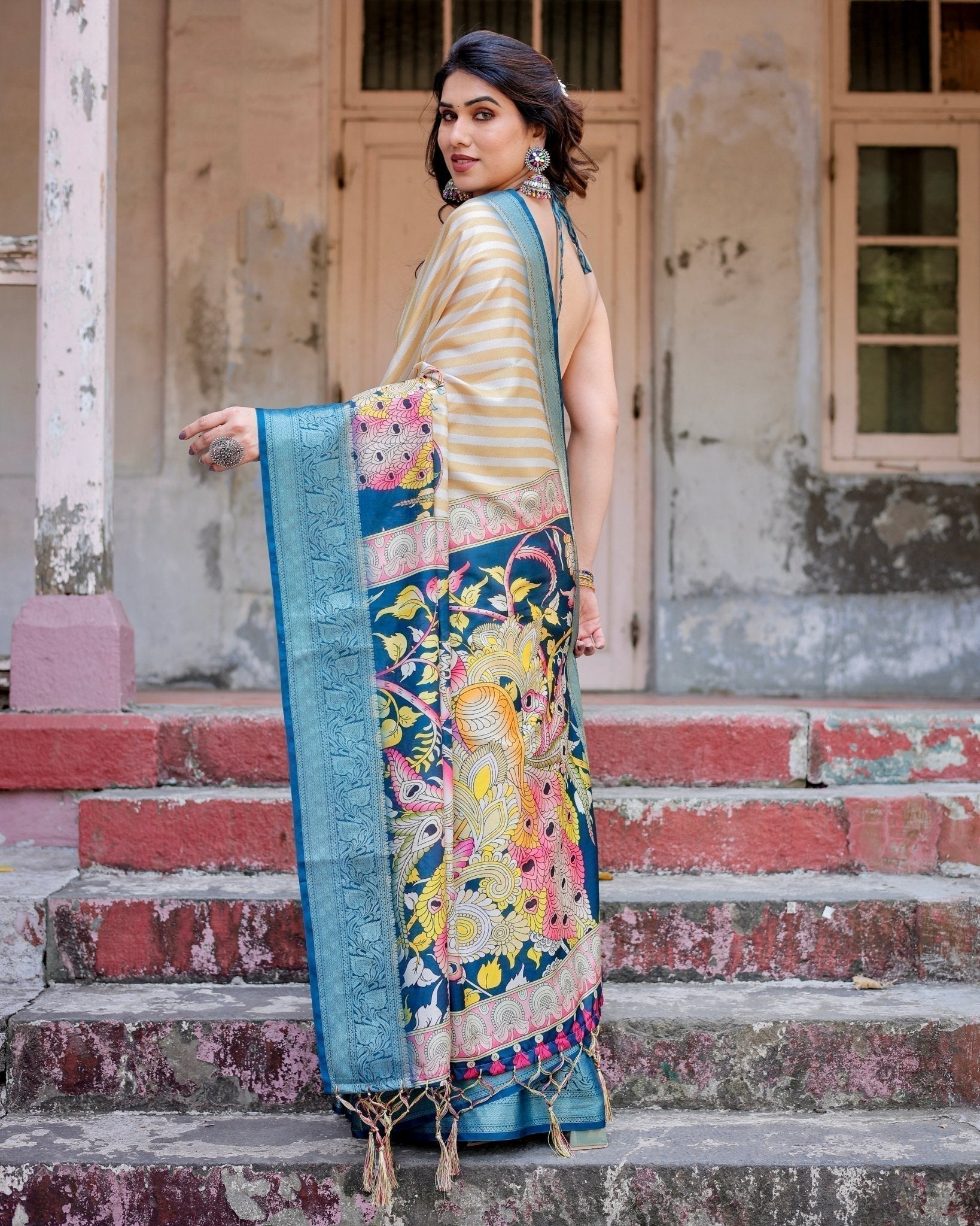 Beige & Teal Tussar Silk Saree with Intricate Kalamkari and Zari Border