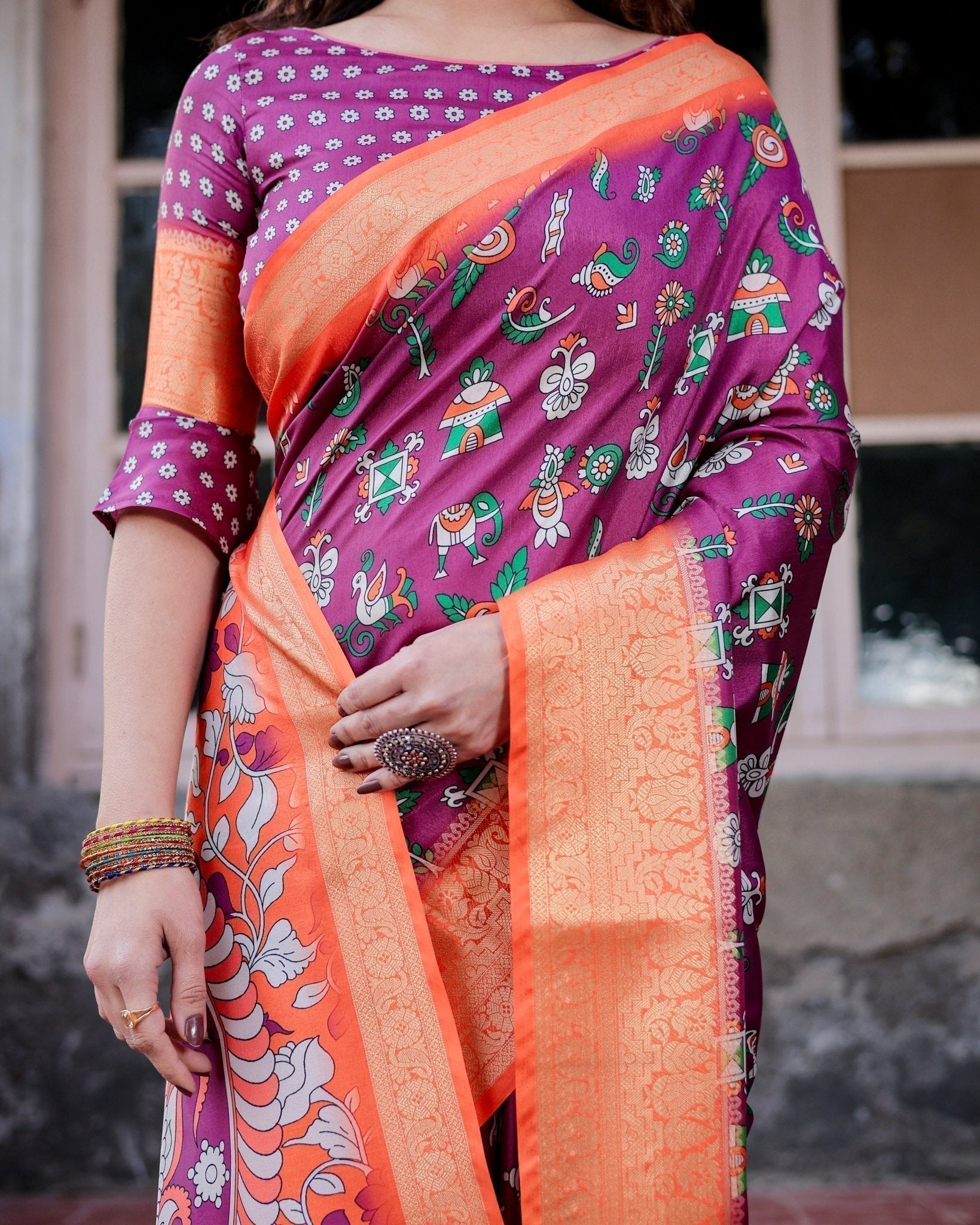 Wine Purple and Orange Tussar Silk Saree with Floral Motifs and Artistic Pallu