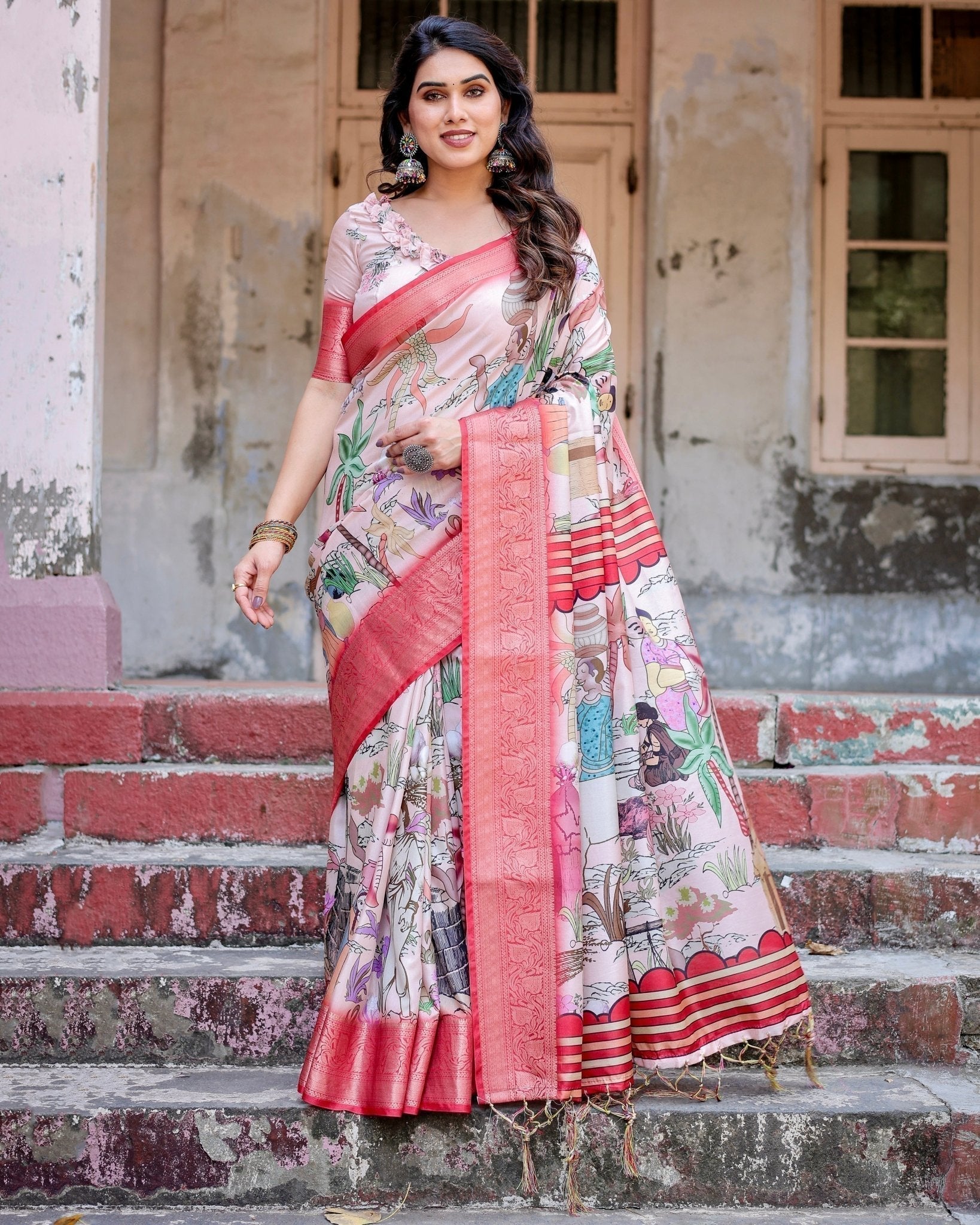 Blush Pink Digital Print Tussar Silk Saree with Vibrant Storyline Art