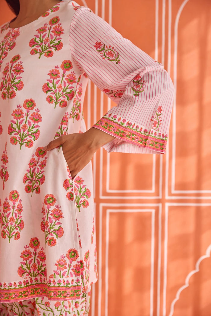 Jasmin White-Pink Floral Hand bock Printed Kurta & Farsi Salwar Co-ord Set