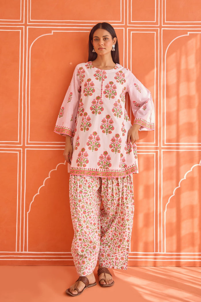 Jasmin White-Pink Floral Hand bock Printed Kurta & Farsi Salwar Co-ord Set
