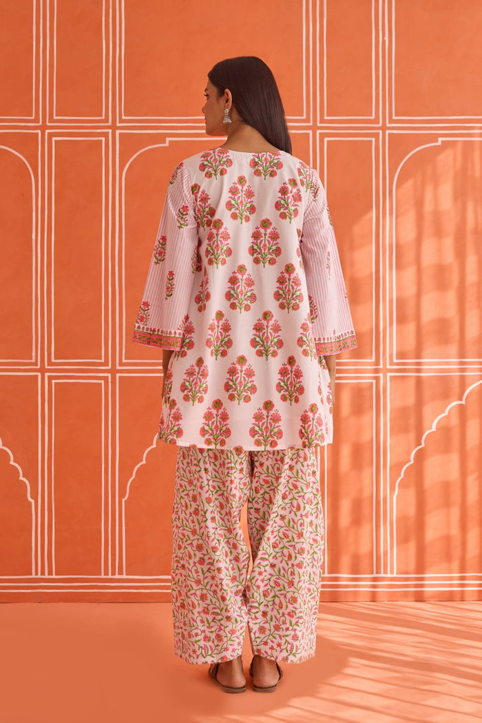 Jasmin White-Pink Floral Hand bock Printed Kurta & Farsi Salwar Co-ord Set