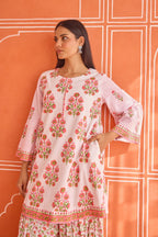 Jasmin White-Pink Floral Hand bock Printed Kurta & Farsi Salwar Co-ord Set