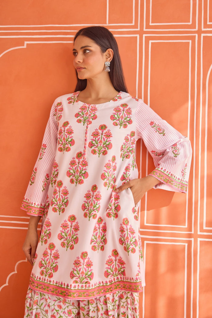 Jasmin White-Pink Floral Hand bock Printed Kurta & Farsi Salwar Co-ord Set